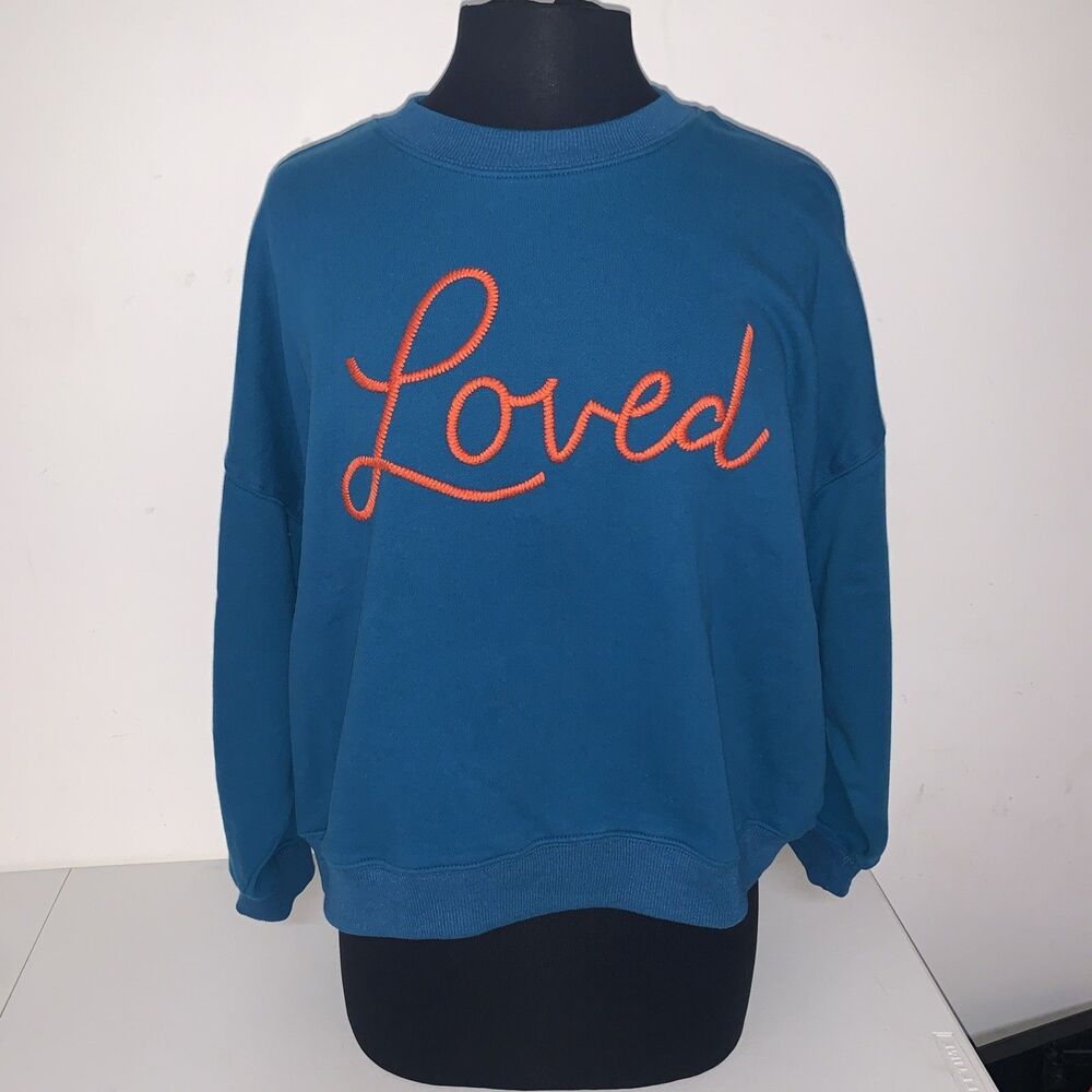 NWT Natural Life Boxy Embroidered “Loved” ❤️ On Sleeves Sweatshirt Oversized Med - Picture 7 of 11